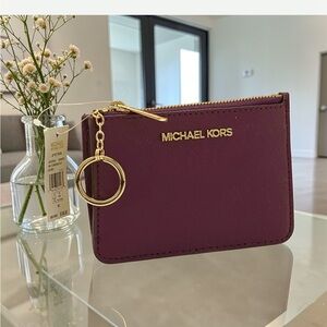 NWT Michael Kors Bordeaux Saffiano Leather Coinpouch /Zip Card Case